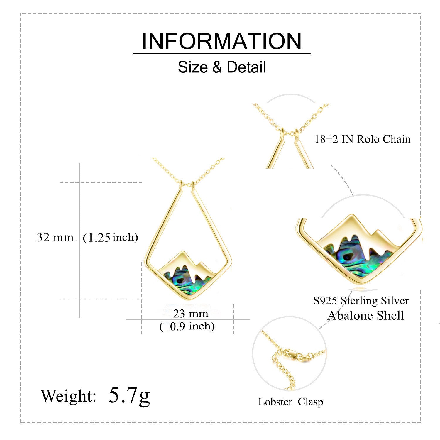 Sterling Silver with Yellow Gold Plated Abalone Shellfish Mountains & Ring Holder Pendant Necklace