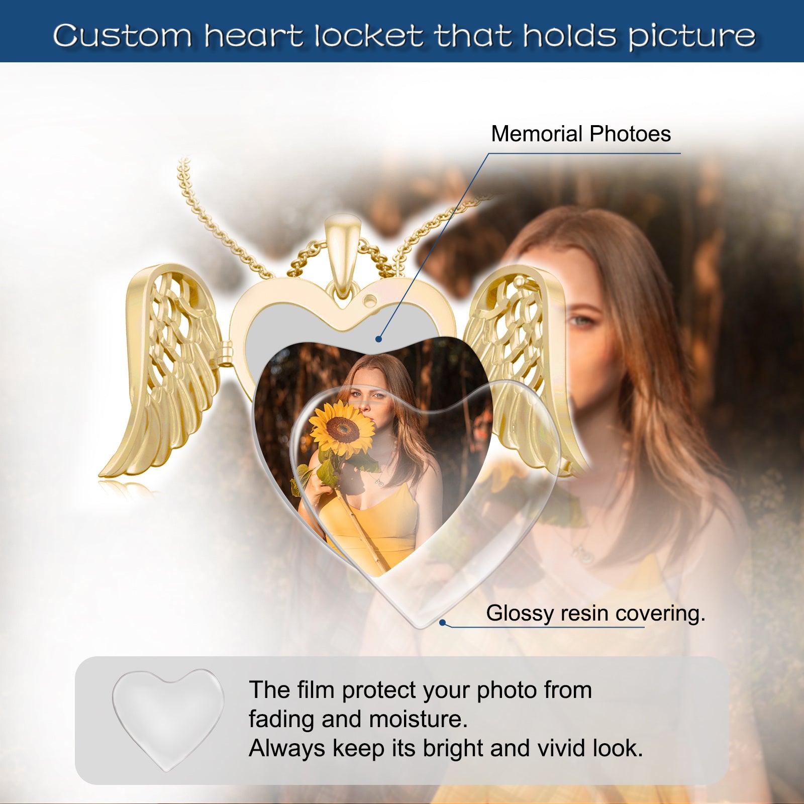 Sterling Silver with Yellow Gold Plated Angel Wing Heart Personalized Engraving & Custom Photo Locket Necklace