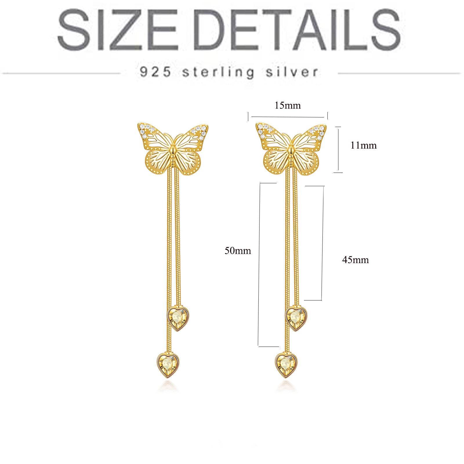 Sterling Silver with Yellow Gold Plated Cubic Zirconia Butterfly Drop Earrings