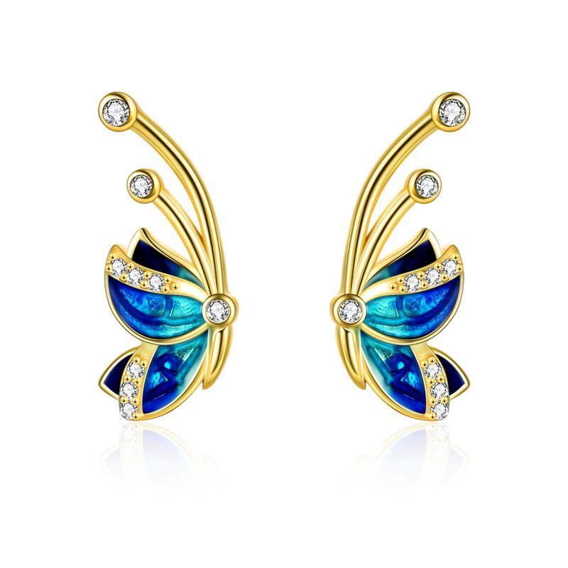 Sterling Silver with Yellow Gold Plated Cubic Zirconia Butterfly Stud Earrings