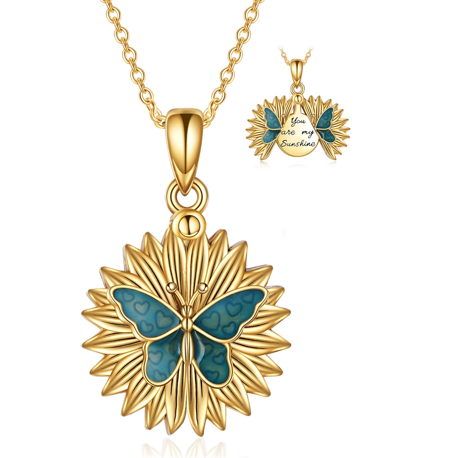 Sterling Silver With Yellow Gold Plated Butterfly Sunflower Pendant Persoalized Engraving Necklace For Unisex
