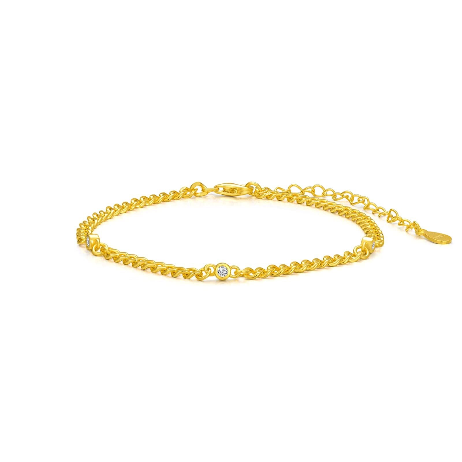 Sterling Silver with Yellow Gold Plated Circular Shaped Cubic Zirconia Curb Link Chain Bracelet