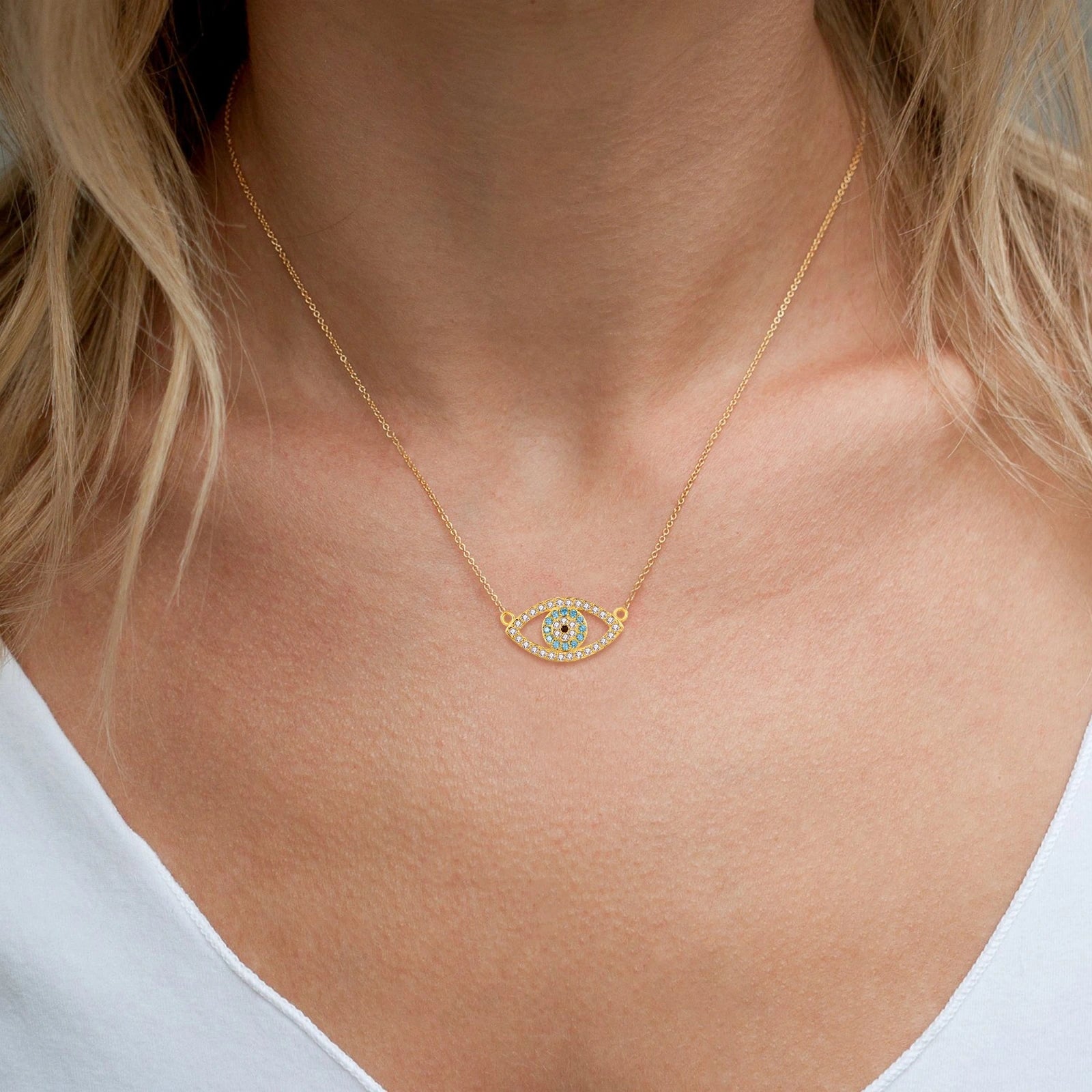 Sterling Silver with Yellow Gold Plated Circular Shaped Cubic Zirconia Devil's Eye Pendant Necklace