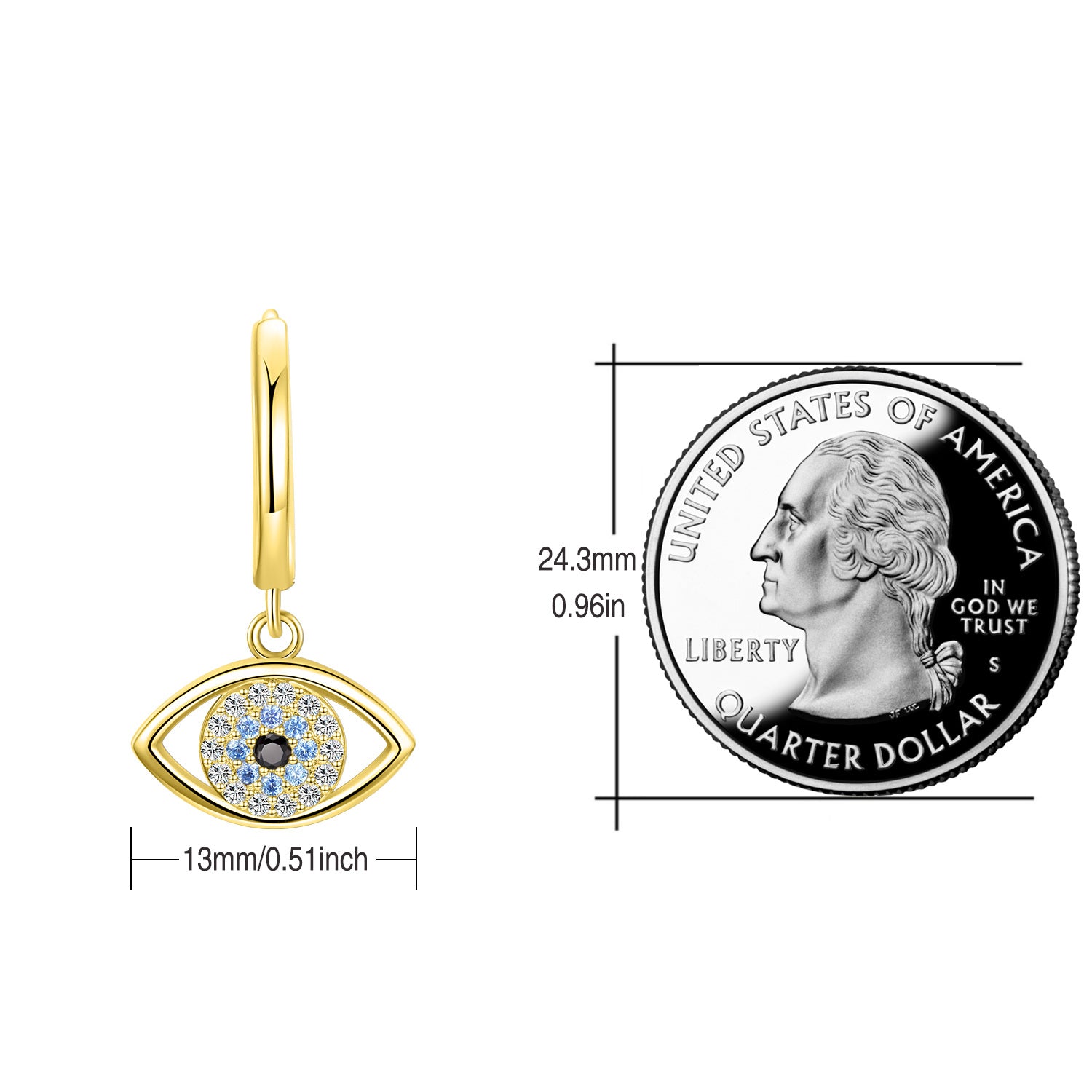 Sterling Silver with Yellow Gold Plated Circular Shaped Cubic Zirconia Evil Eye Drop Earrings