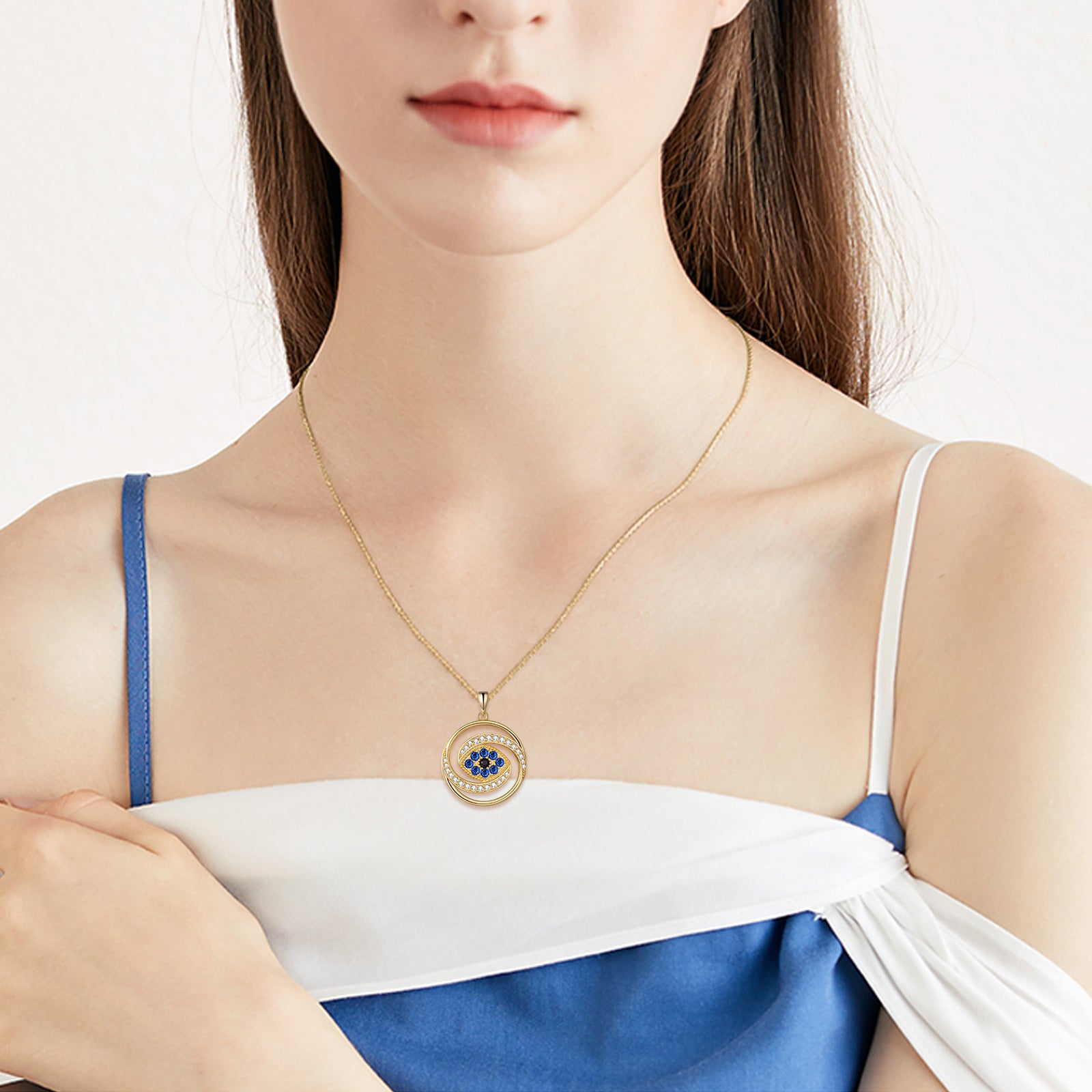 Sterling Silver with Yellow Gold Plated Circular Shaped Cubic Zirconia Evil Eye Pendant Necklace