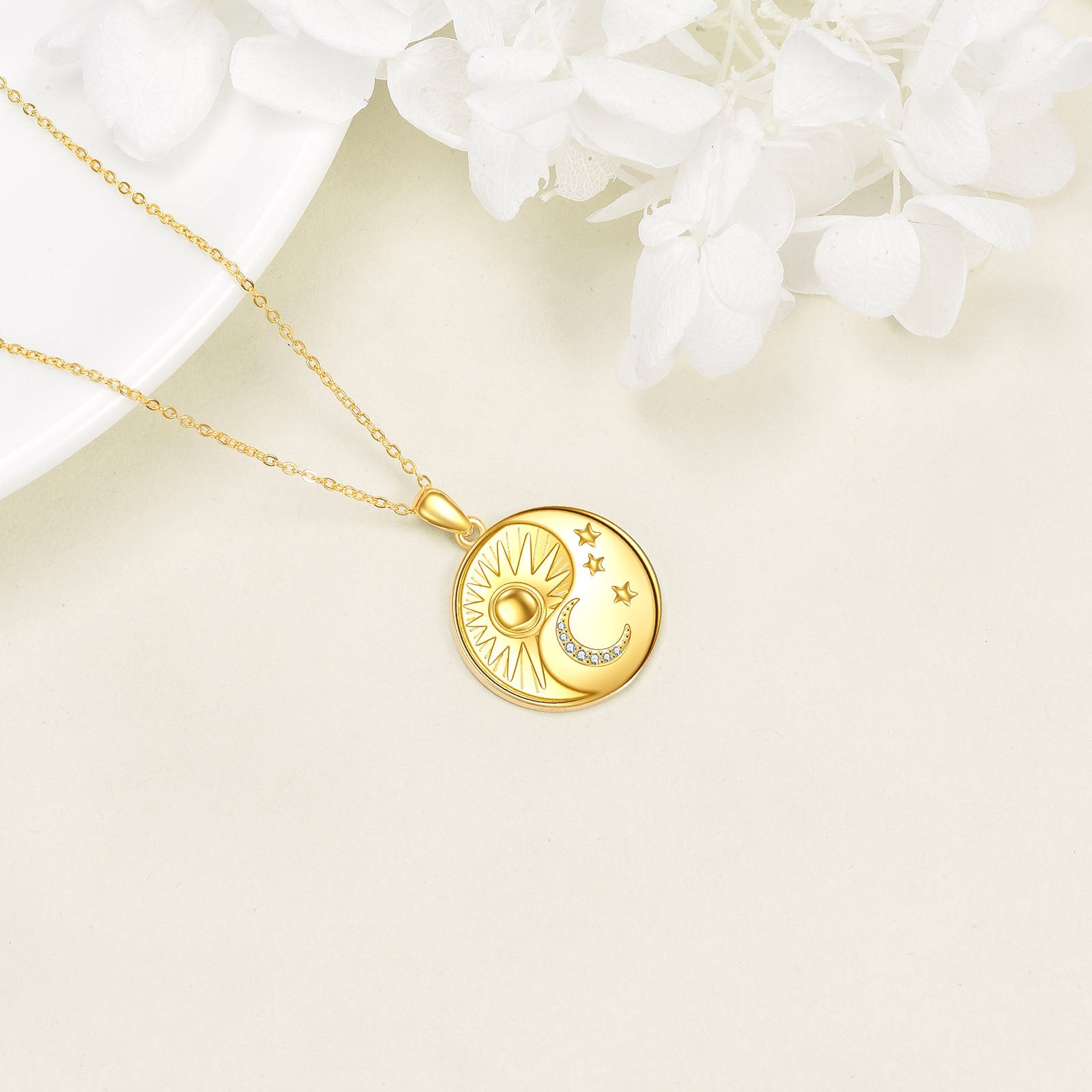 Sterling Silver With Yellow Gold Plated Cubic Zirconia Moon Star Sun Pendant Necklace For Women