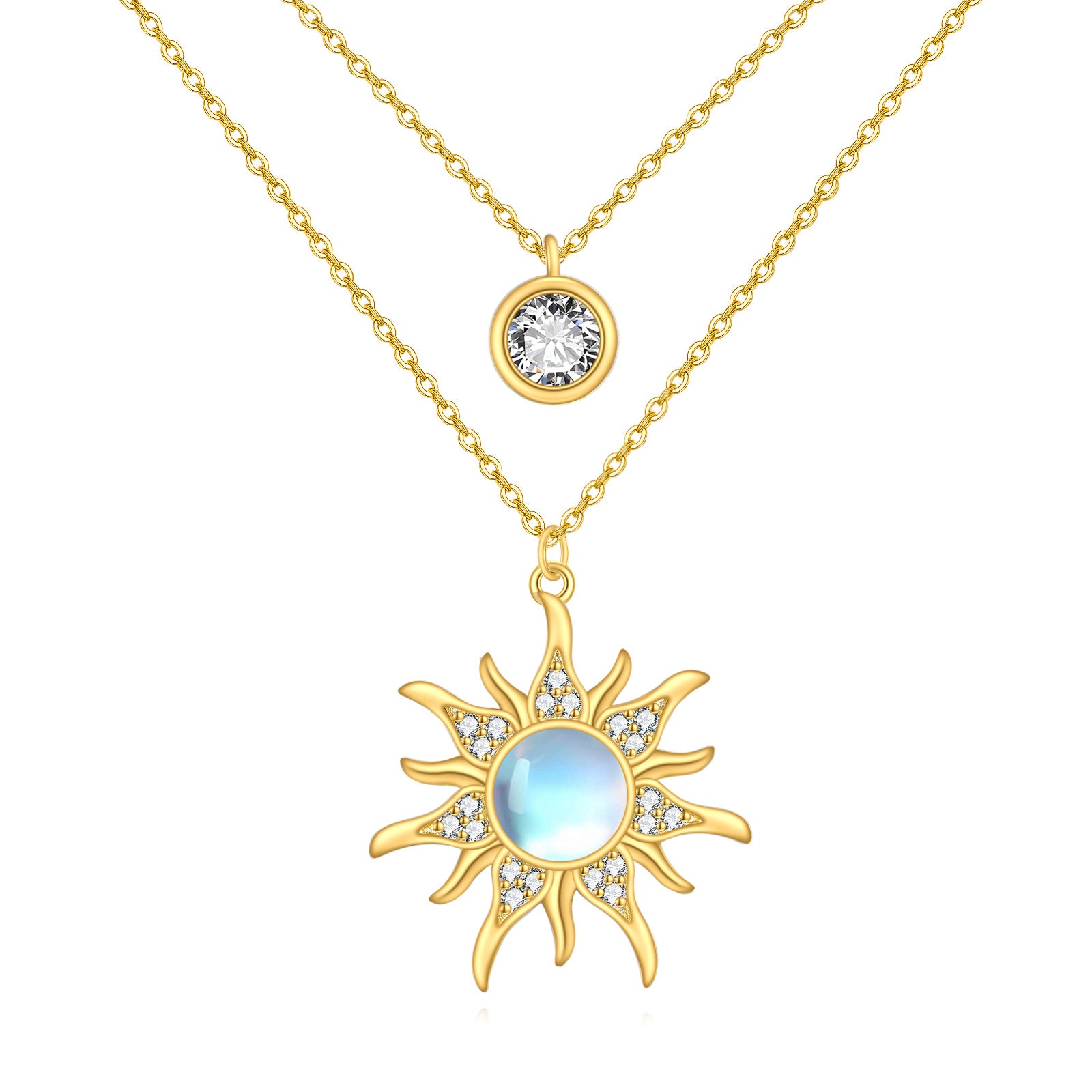 Sterling Silver with Yellow Gold Plated Circular Shaped Moonstone Sun Layered Necklace