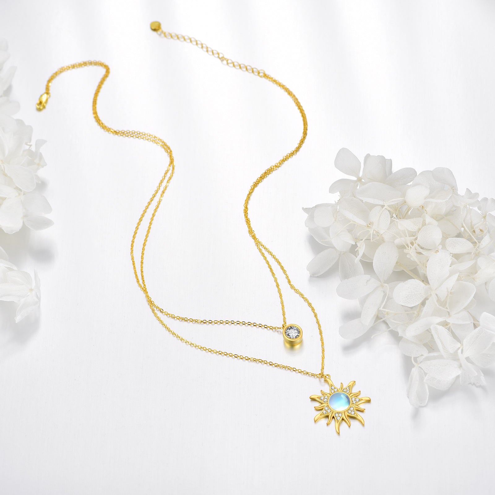 Sterling Silver with Yellow Gold Plated Circular Shaped Moonstone Sun Layered Necklace