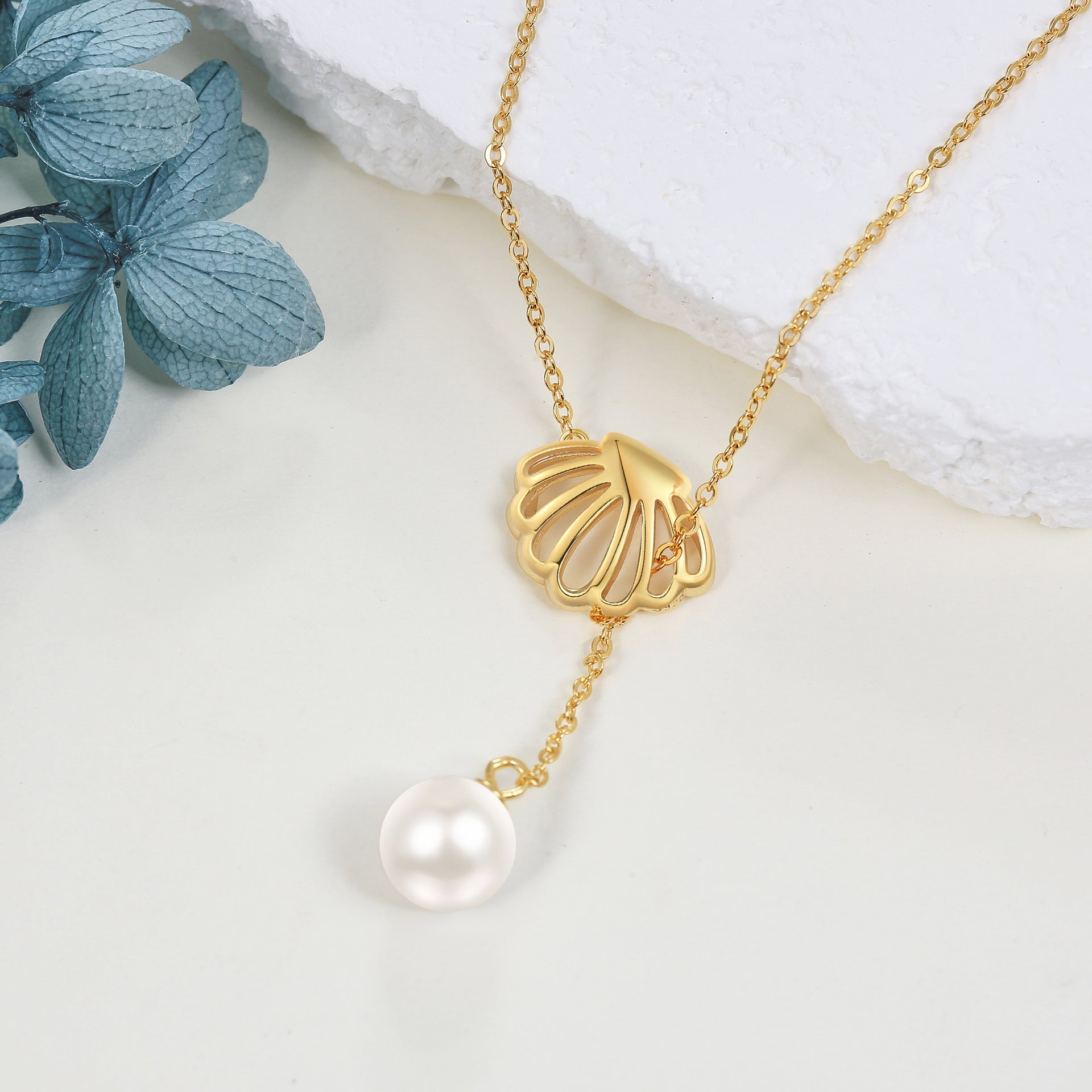 Sterling Silver with Yellow Gold Plated Circular Shaped Pearl Shell Adjustable Y Necklace