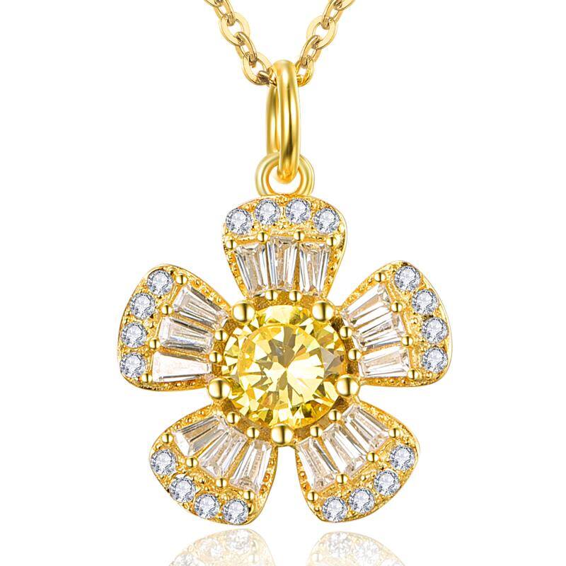 Sterling Silver With Yellow Gold Plated Circular Princess-Square Cubic Zirconia Sunflower Pendant Necklace For Women Best Friends
