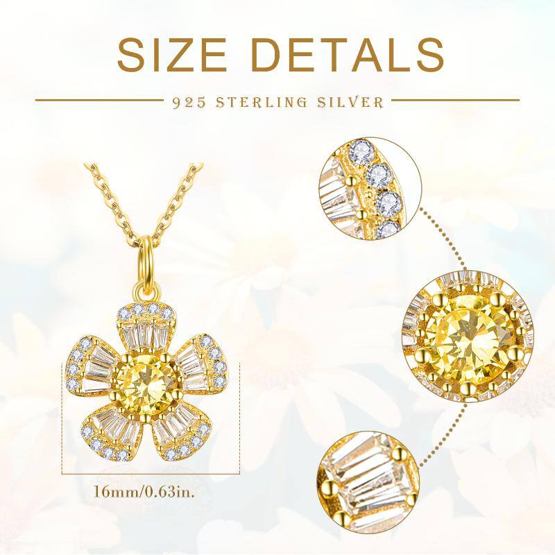 Sterling Silver With Yellow Gold Plated Circular Princess-Square Cubic Zirconia Sunflower Pendant Necklace For Women Best Friends