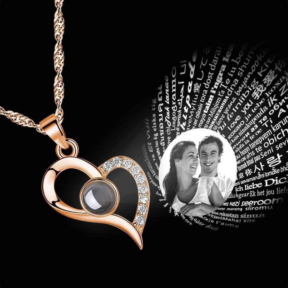 Sterling Silver with Rose Gold Plated Circular Shaped Projection Stone Personalized Photo & Heart Pendant Necklace