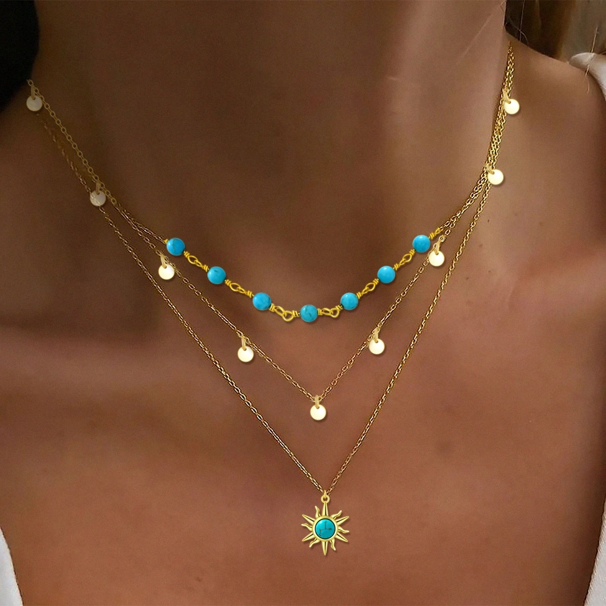 Sterling Silver with Yellow Gold Plated Circular Shaped Turquoise Sun Layered Necklace