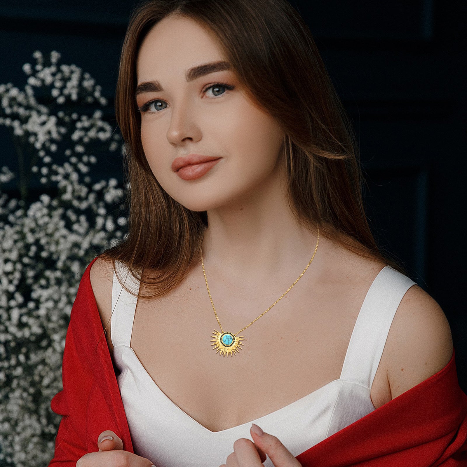 Sterling Silver with Yellow Gold Plated Circular Shaped Turquoise Sun Pendant Necklace