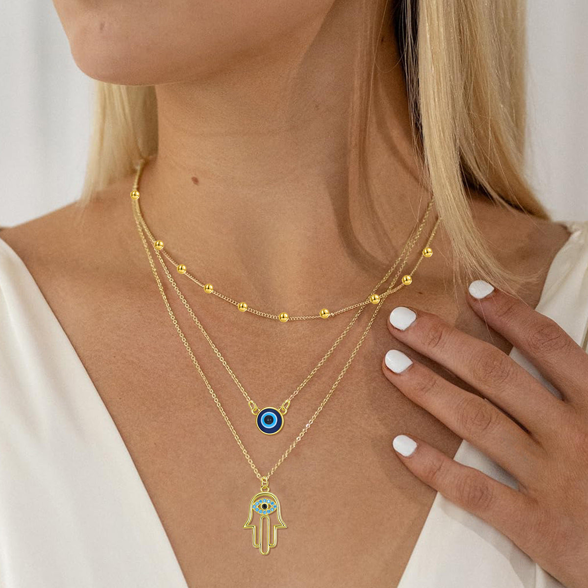 Sterling Silver with Yellow Gold Plated Evil Eye & Hamsa Hand Layered Necklace