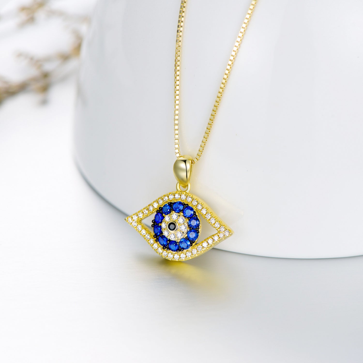 Gold Vermeil Cubic Zirconia Evil Eye Box Chain Necklace for Women