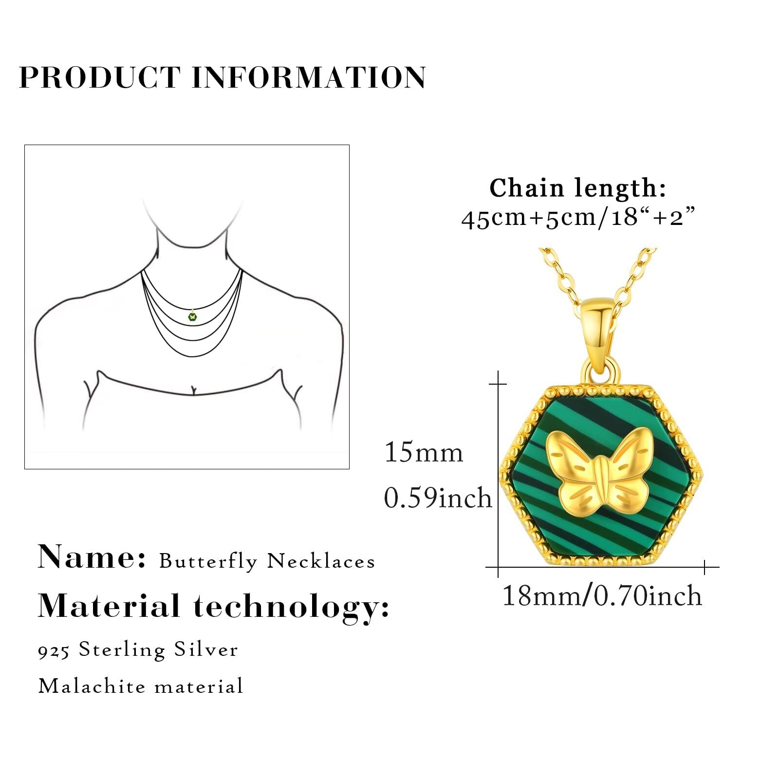 Sterling Silver with Yellow Gold Plated Five-Pointed Star Shaped Malachite Butterfly Pendant Necklace