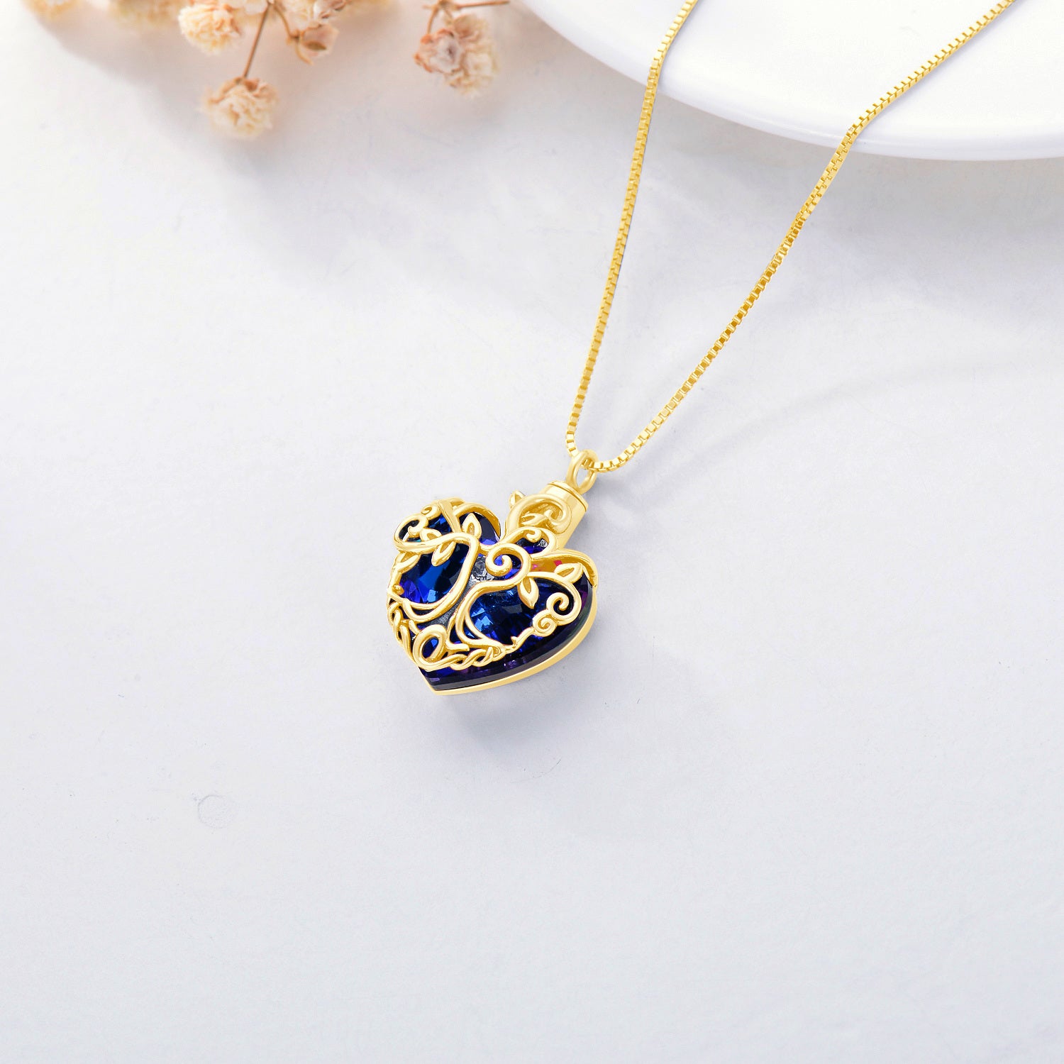 Sterling Silver with Yellow Gold Plated Heart Crystal Tree Of Life Urn Necklace for Ashes