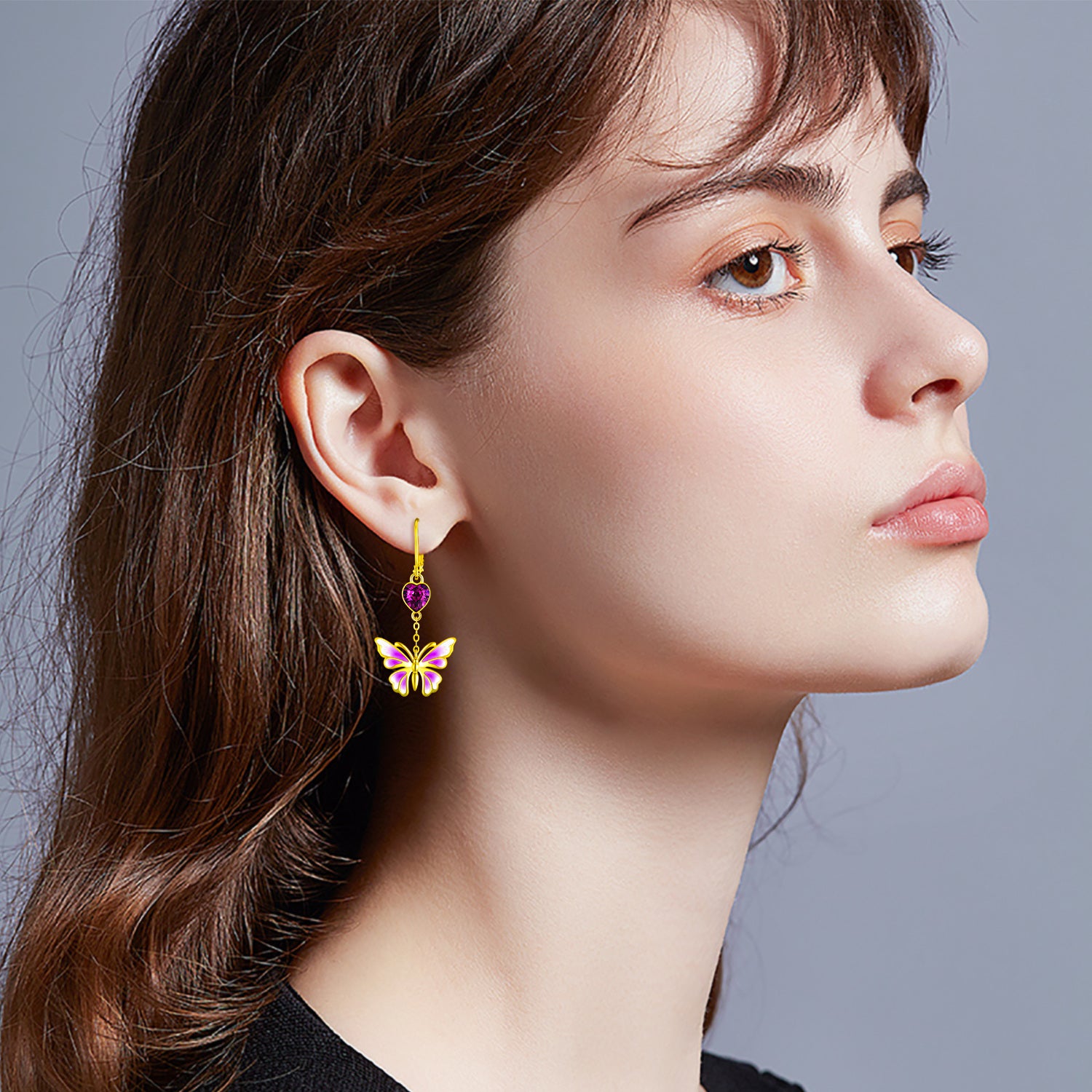 Sterling Silver with Yellow Gold Plated Heart Shaped Crystal Butterfly Drop Earrings