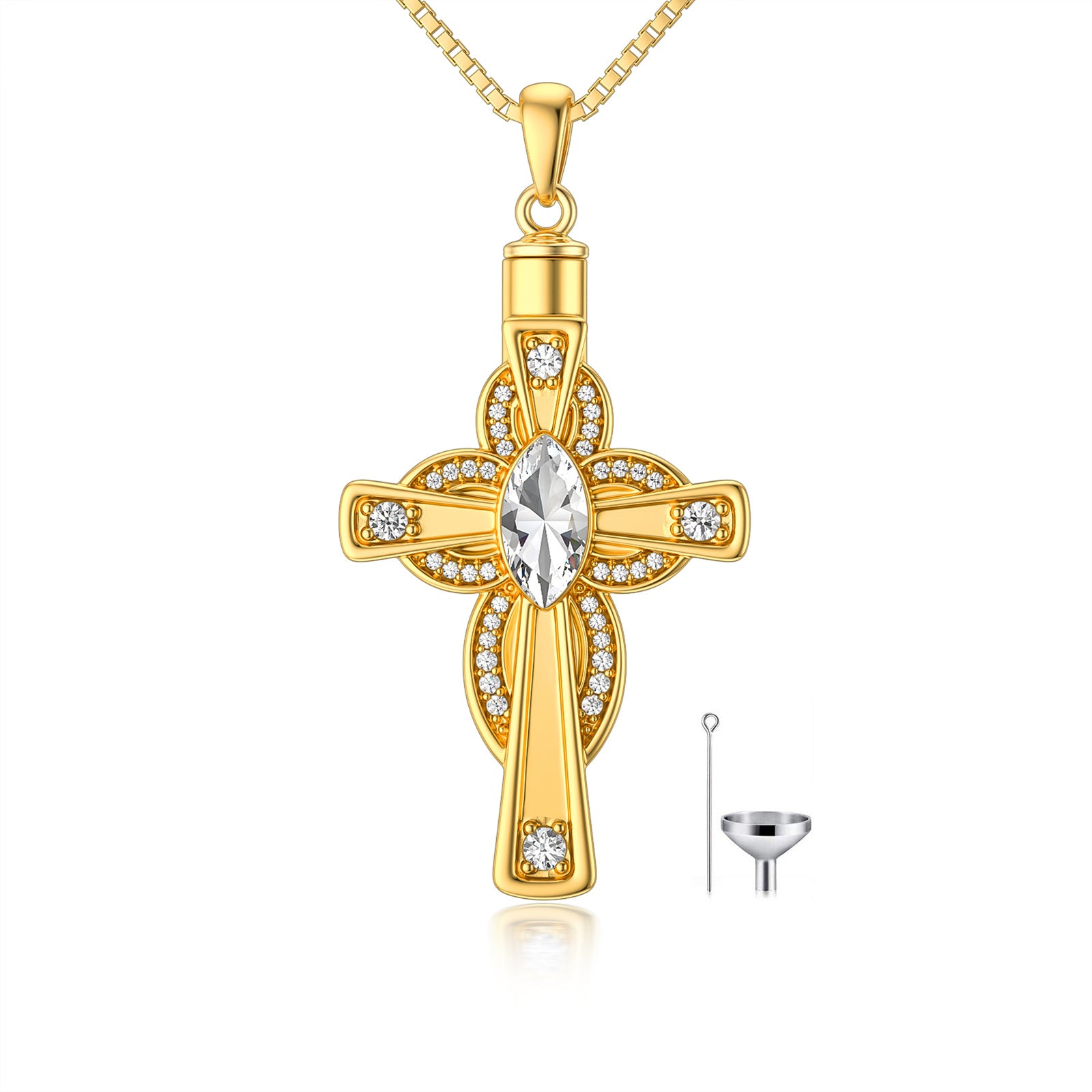 Sterling Silver with Yellow Gold Plated Oval Crystal Cross Urn Necklace for Ashes