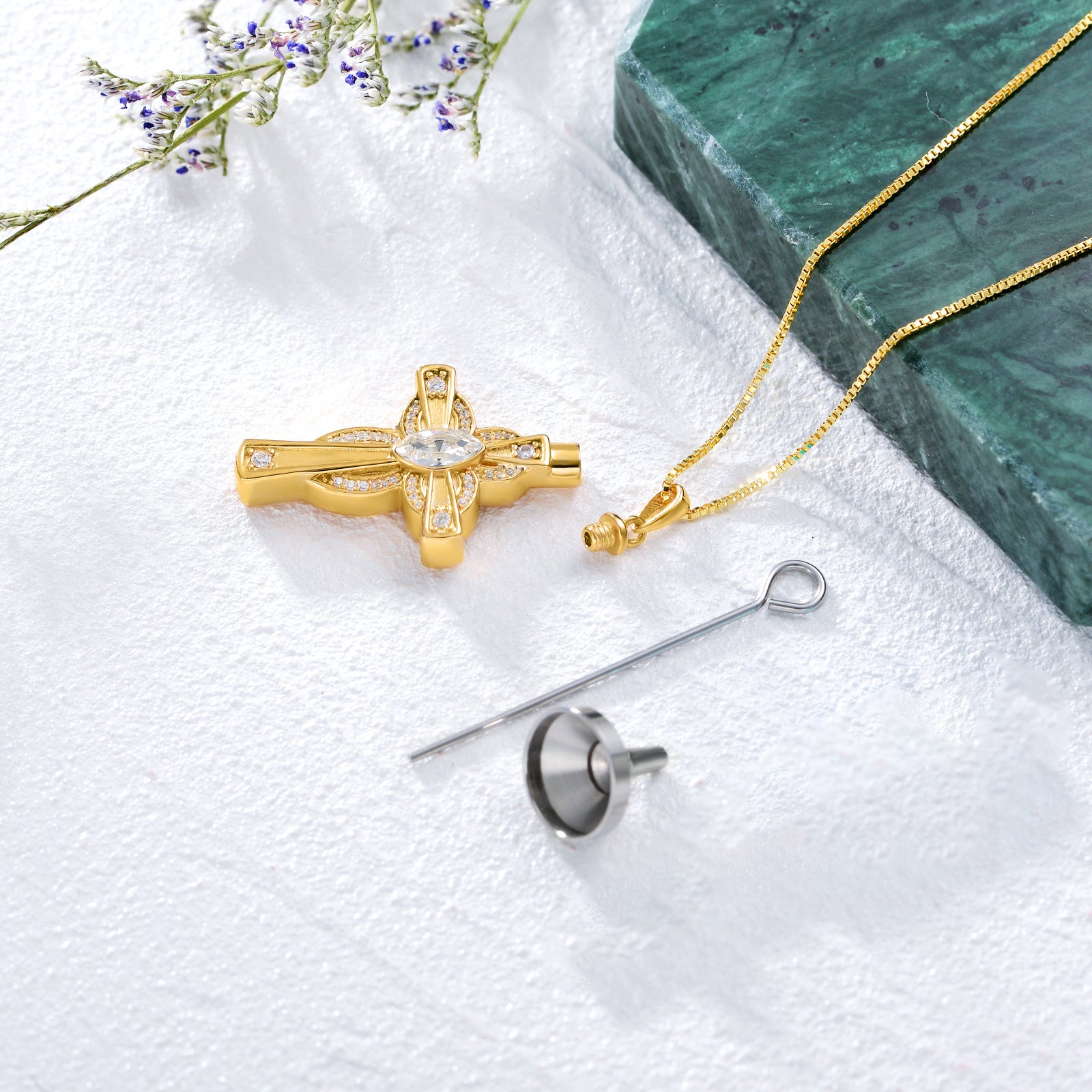 Sterling Silver with Yellow Gold Plated Oval Crystal Cross Urn Necklace for Ashes