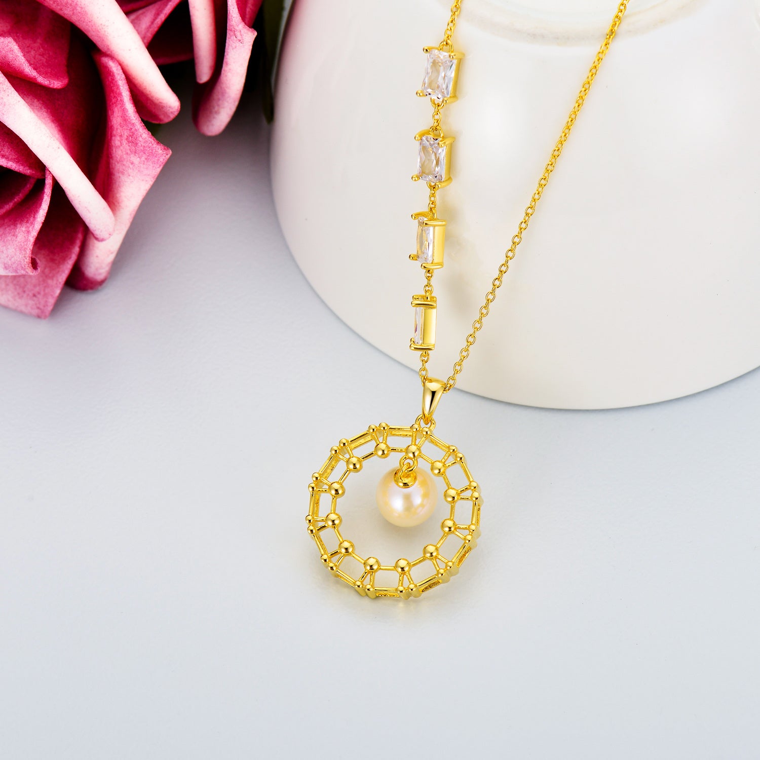 Sterling Silver with Yellow Gold Plated Pearl Circle Pendant Necklace