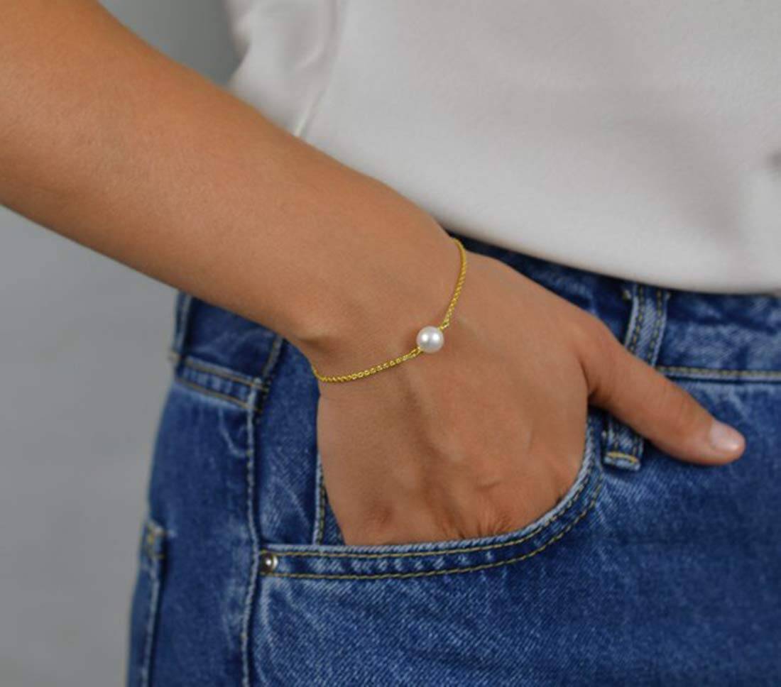 Sterling Silver with Yellow Gold Plated Pearl Charm Bracelet