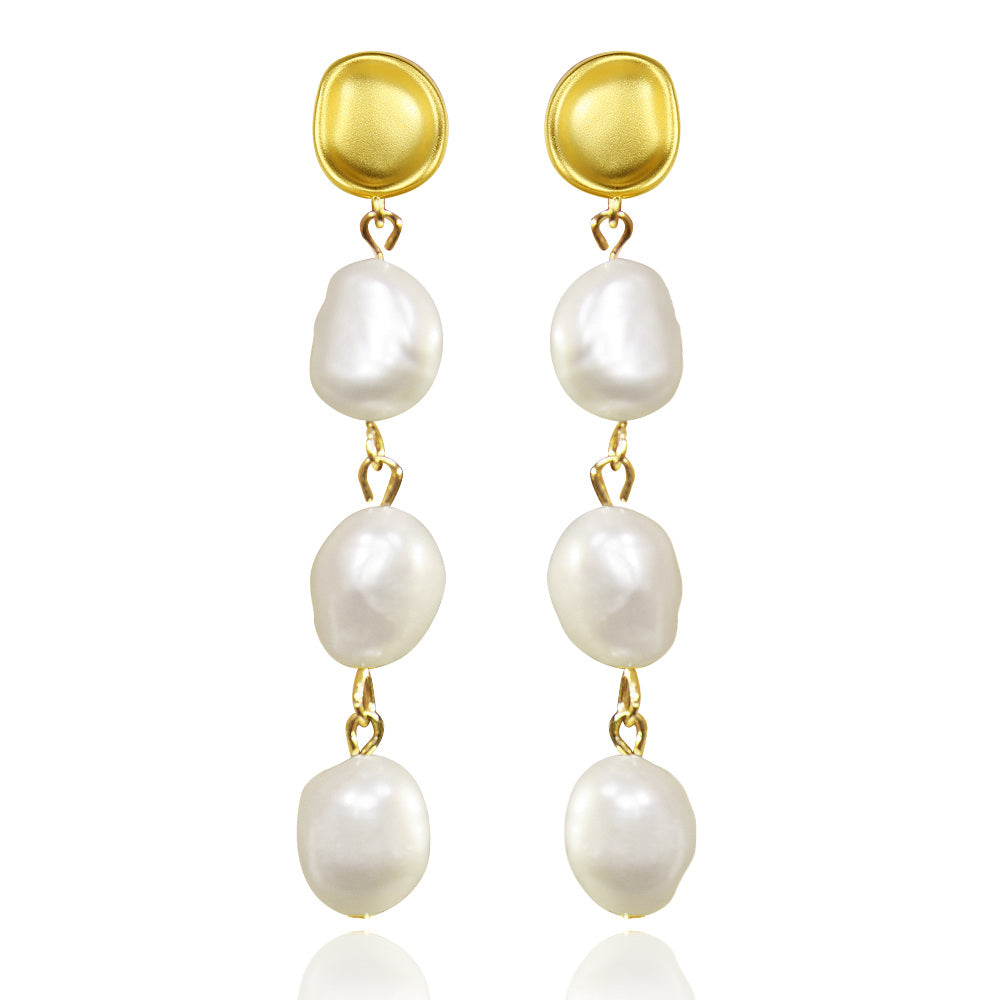 Sterling Silver with Yellow Gold Plated Pearl Round Drop Earrings