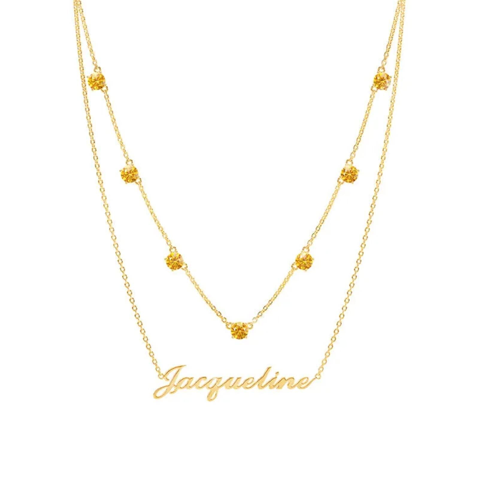 Sterling Silver With Gold Plated Round Cubic Zirconia Personalized Birthstone Classic Name Layered Necklace