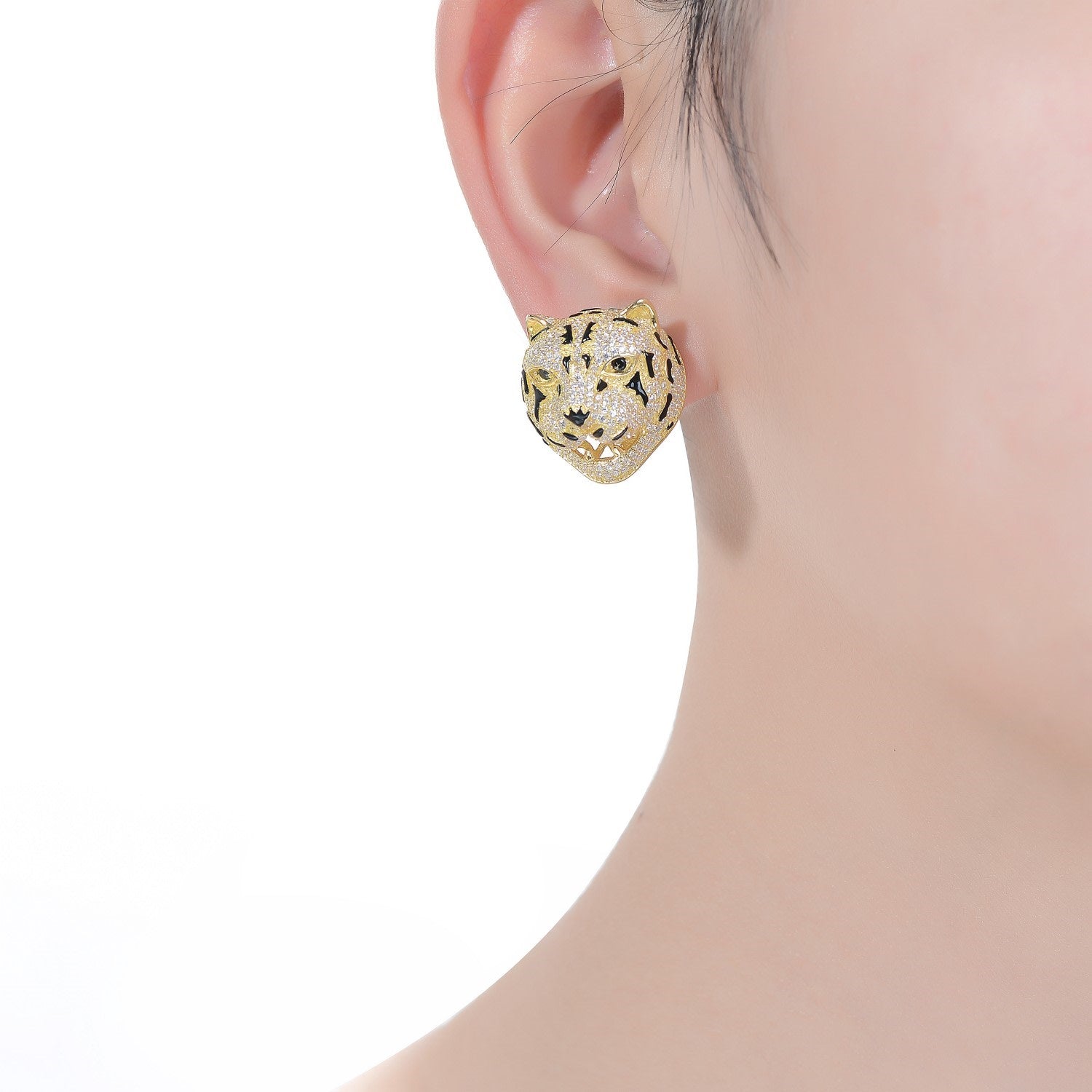 Sterling Silver Yellow Gold Plated With Cubic Zirconia Leopard Head Stud Earrings