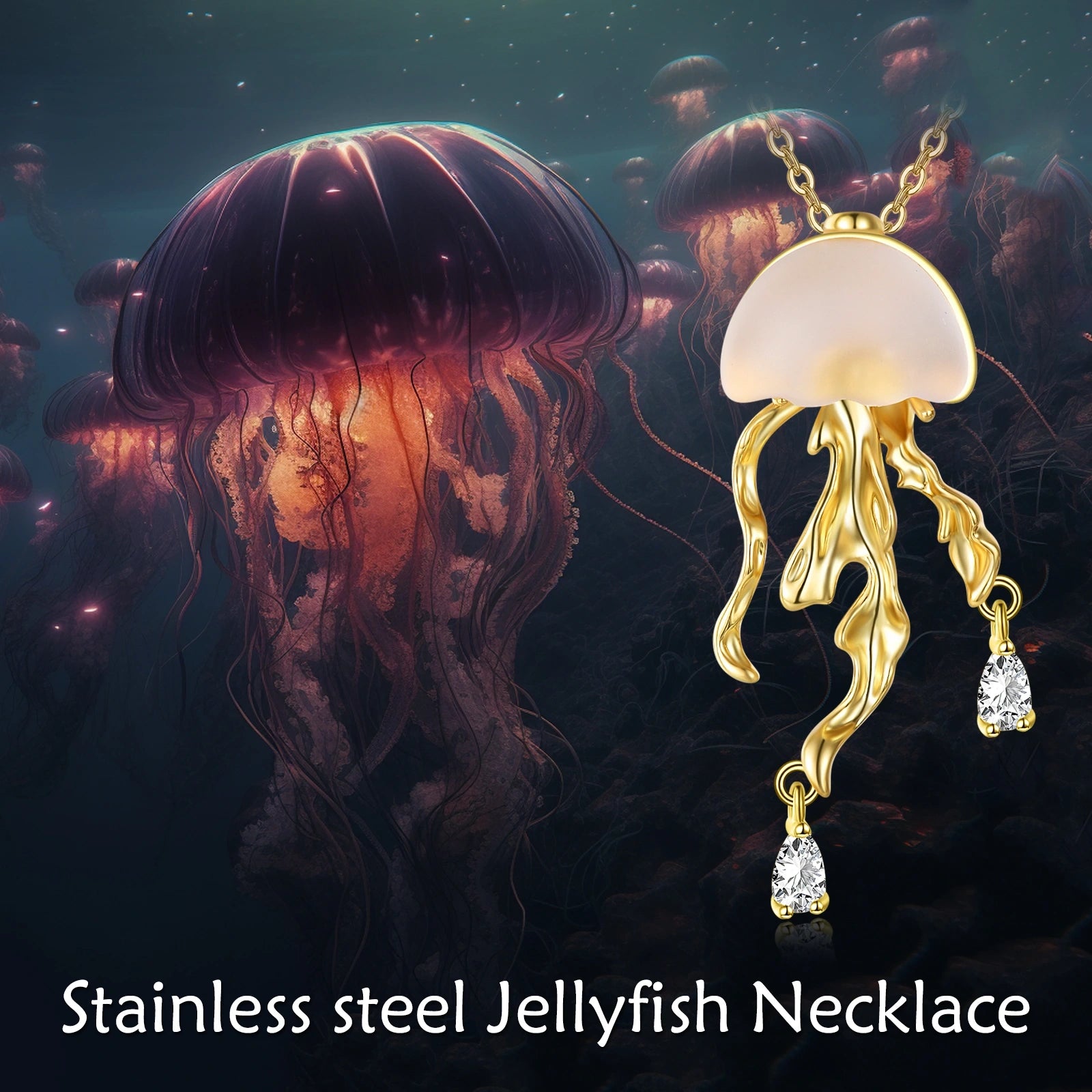 Sterling Silver with Yellow Gold Plated Resin Jellyfish Pendant Necklace