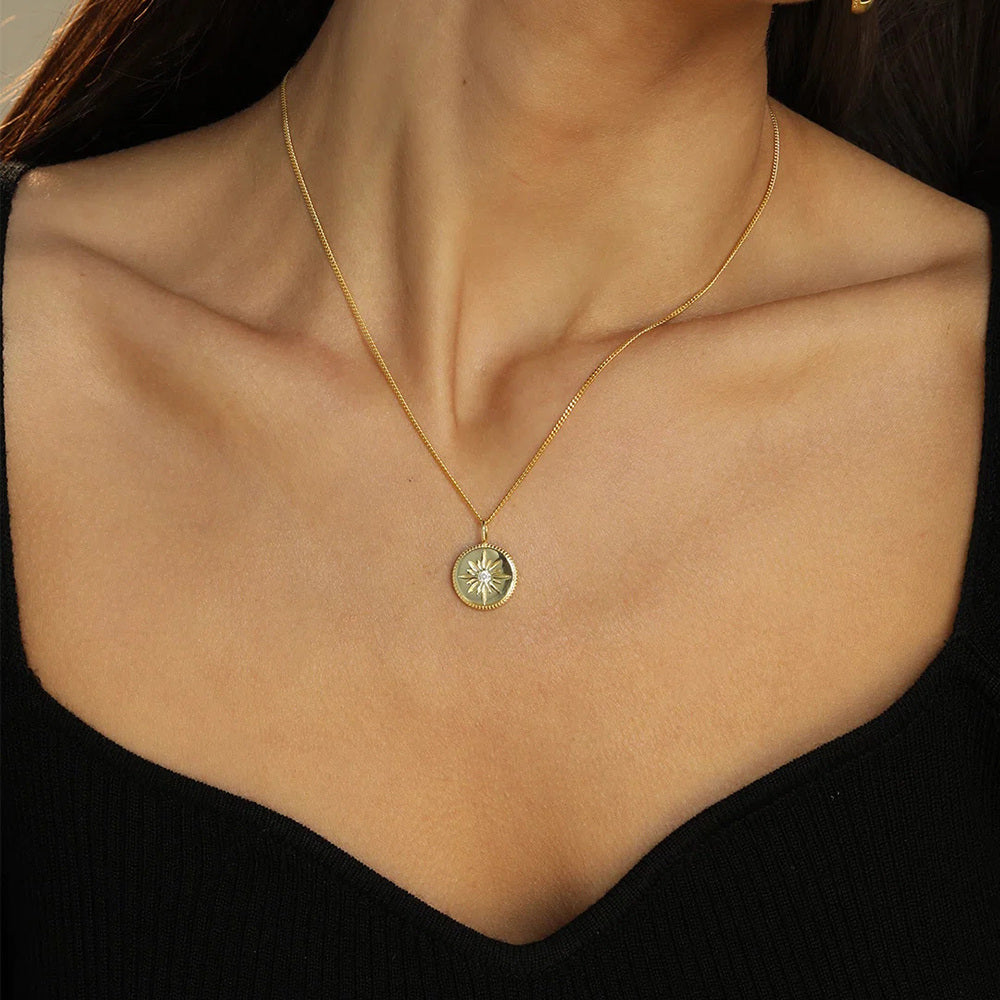 Sterling Silver with Yellow Gold Plated Round Cubic Zirconia Moon & Sun Layered Necklace