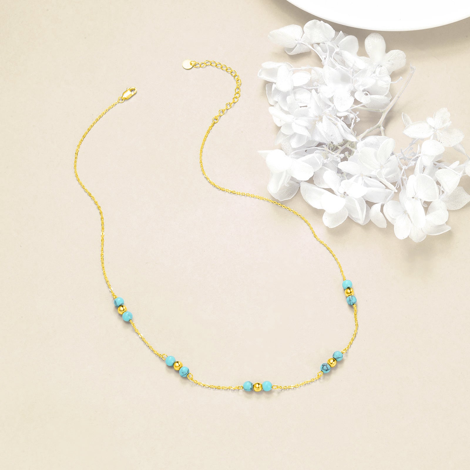 Sterling Silver with Yellow Gold Plated Round Turquoise Bead Metal Choker Necklace