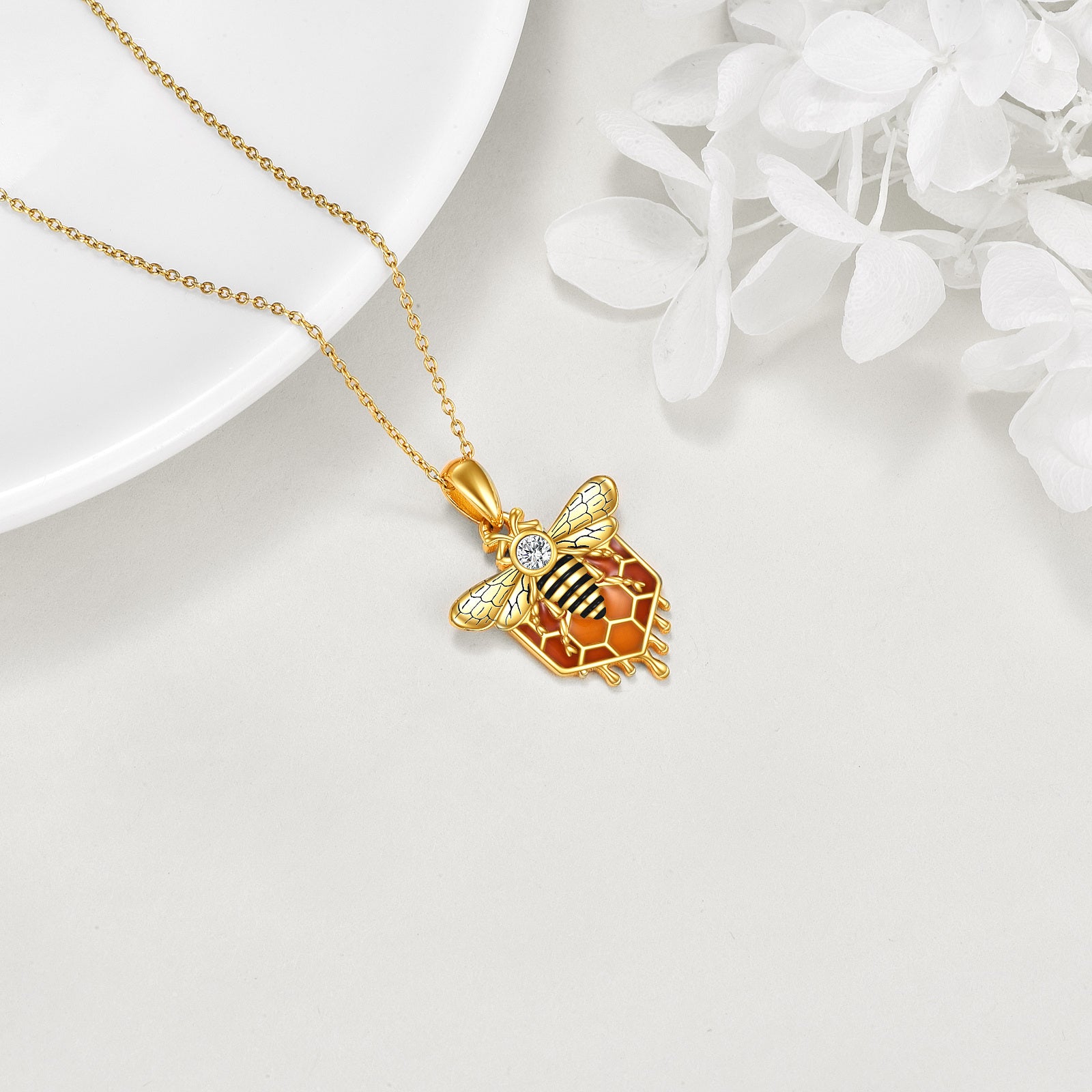 Sterling Silver with Yellow Gold Plated Zircon Bees Pendant Necklace