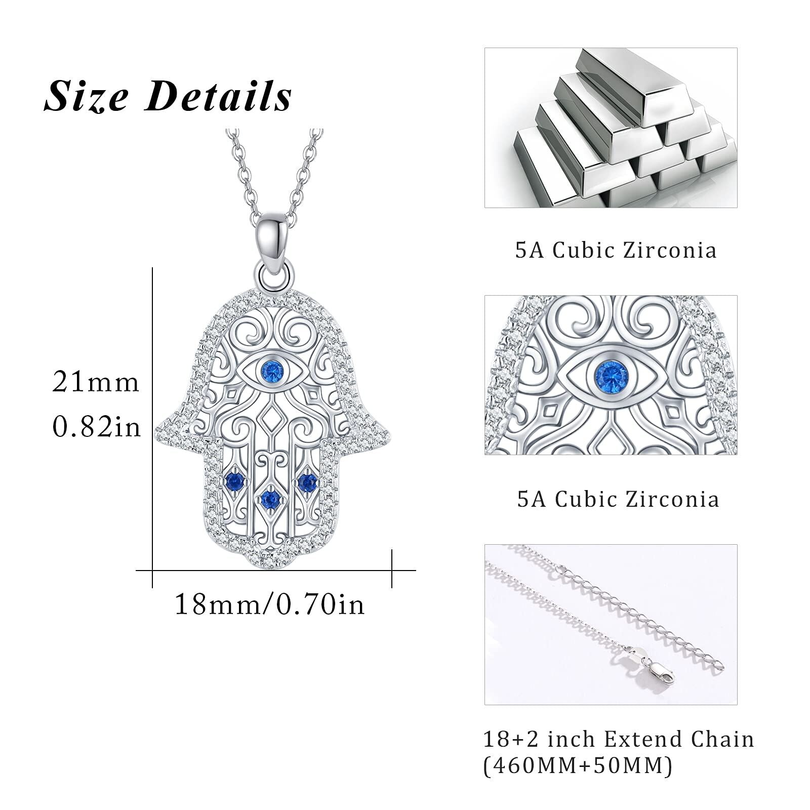 Sterling Silver Zircon Evil Eye & Hamsa Hand Pendant Necklace