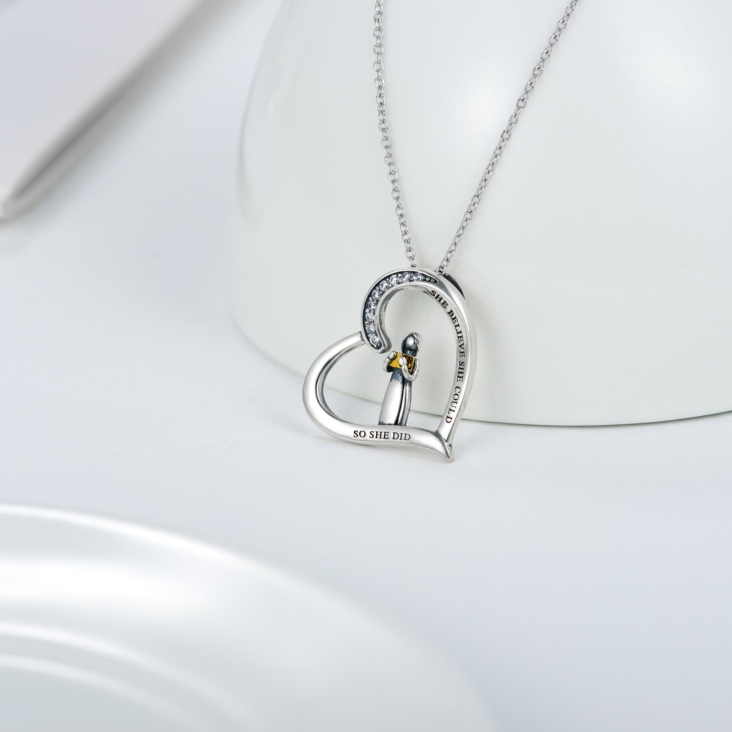 Sterling Silver Zircon Heart Pendant Necklace with Engraved Word