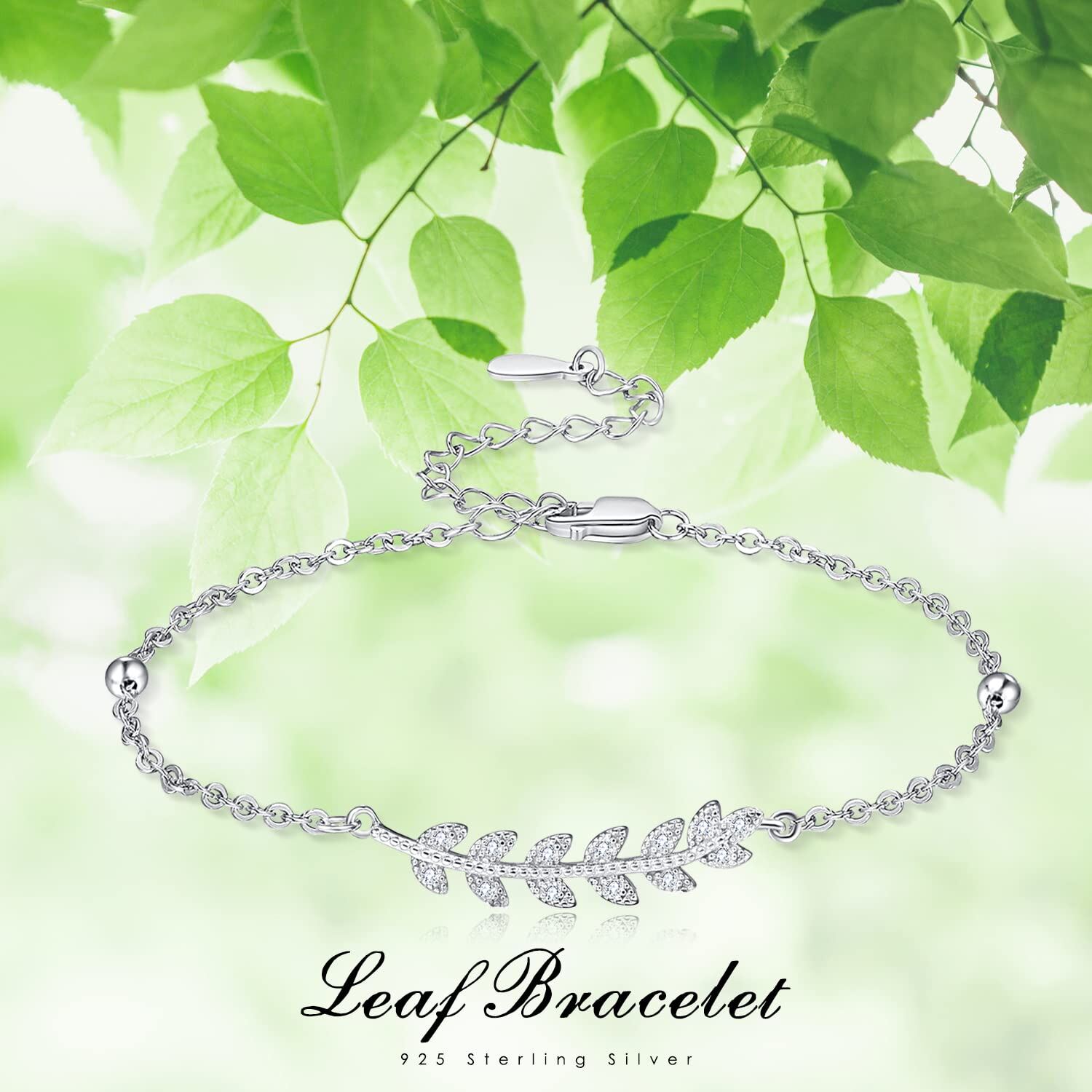 Sterling Silver Zircon Leaves Curb Link Chain Bracelet
