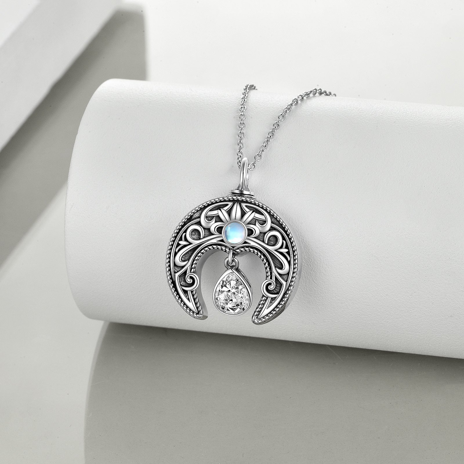 Sterling Silver Zircon Moon Urn Necklace for Ashes