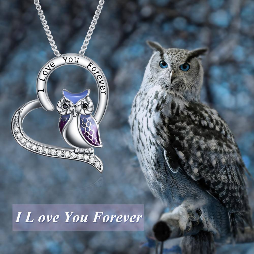 Sterling Silver Zircon Owl & Heart Pendant Necklace with Engraved Word