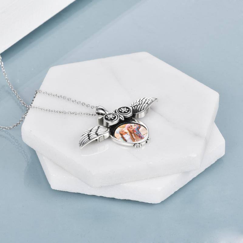 Sterling Silver Zircon Owl Personalized Photo Locket Necklace with Engraved Word