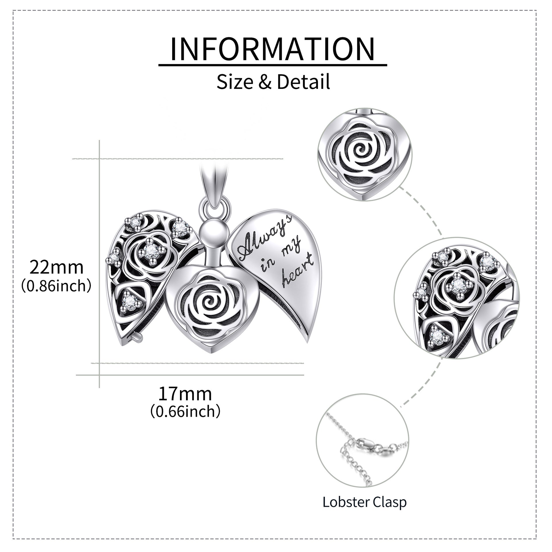 Sterling Silver Zircon Rose Urn Necklace for Ashes with Engraved Word