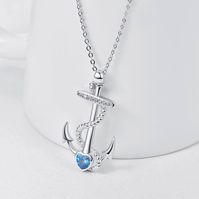 Sterling Silver Zircon Ship Anchor Pendant Necklace
