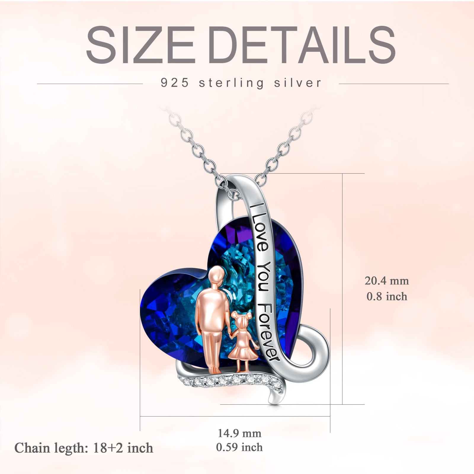 Sterling Silver Father & Daughter Blue Heart Crystal Pendant Necklace Gift For Women