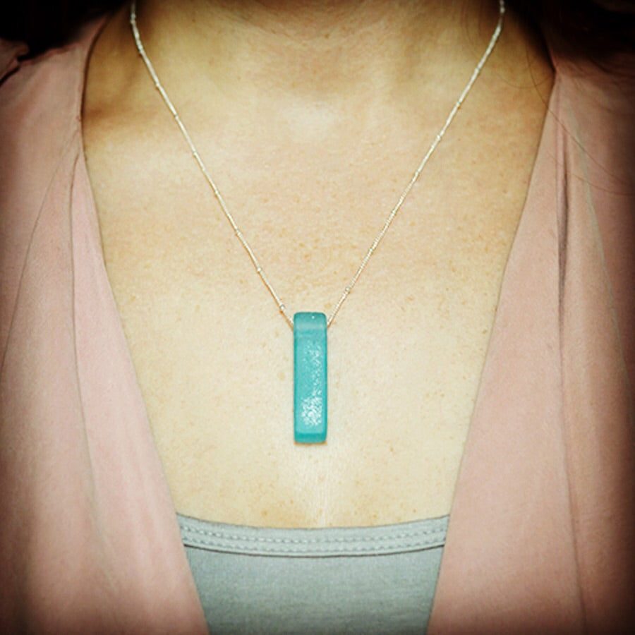 Recycled Gin Bottle Stiletto Necklace Aqua Sterling
