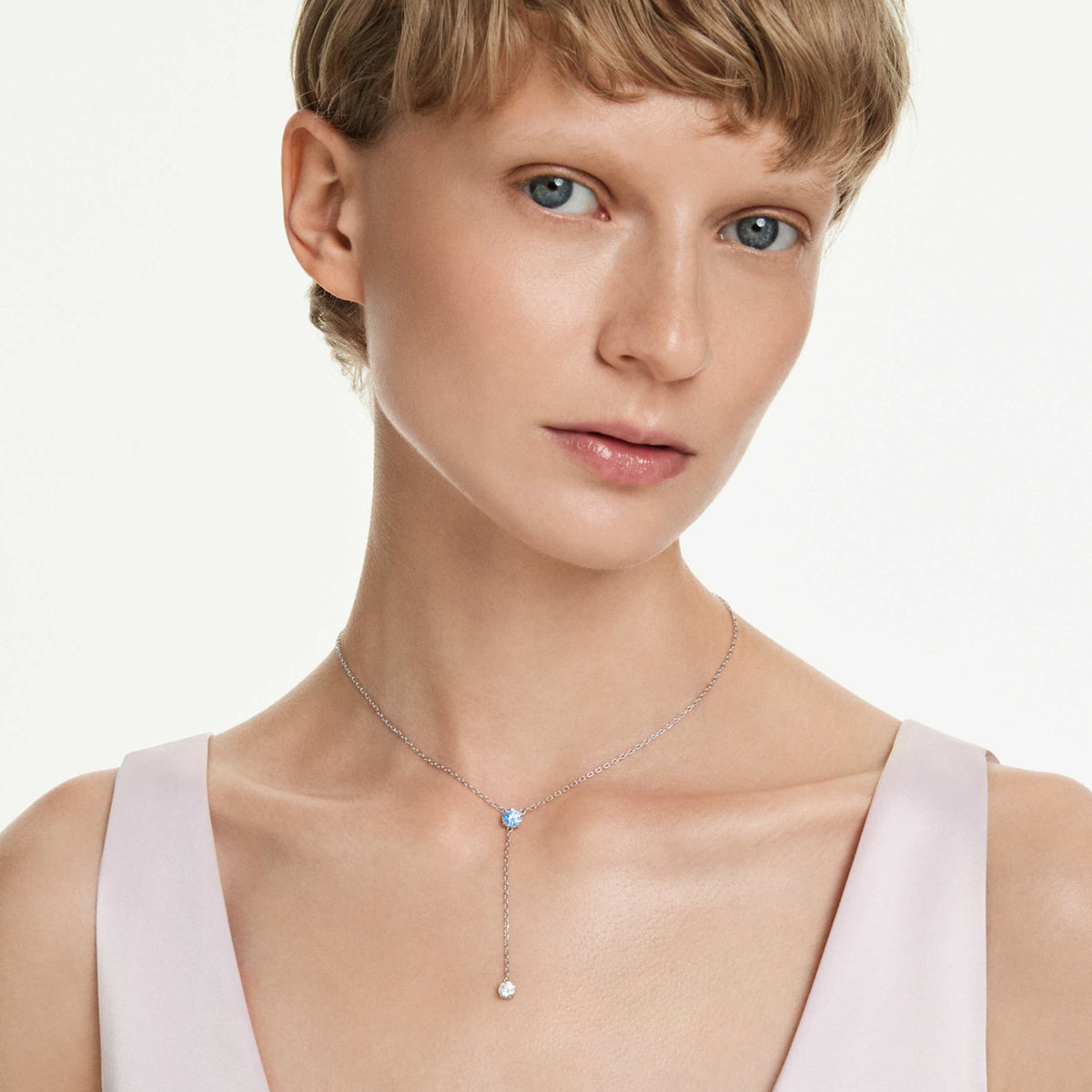STILLA ATTRACT Y NECKLACE ROUND CUT BLUE RHODIUM PLATED