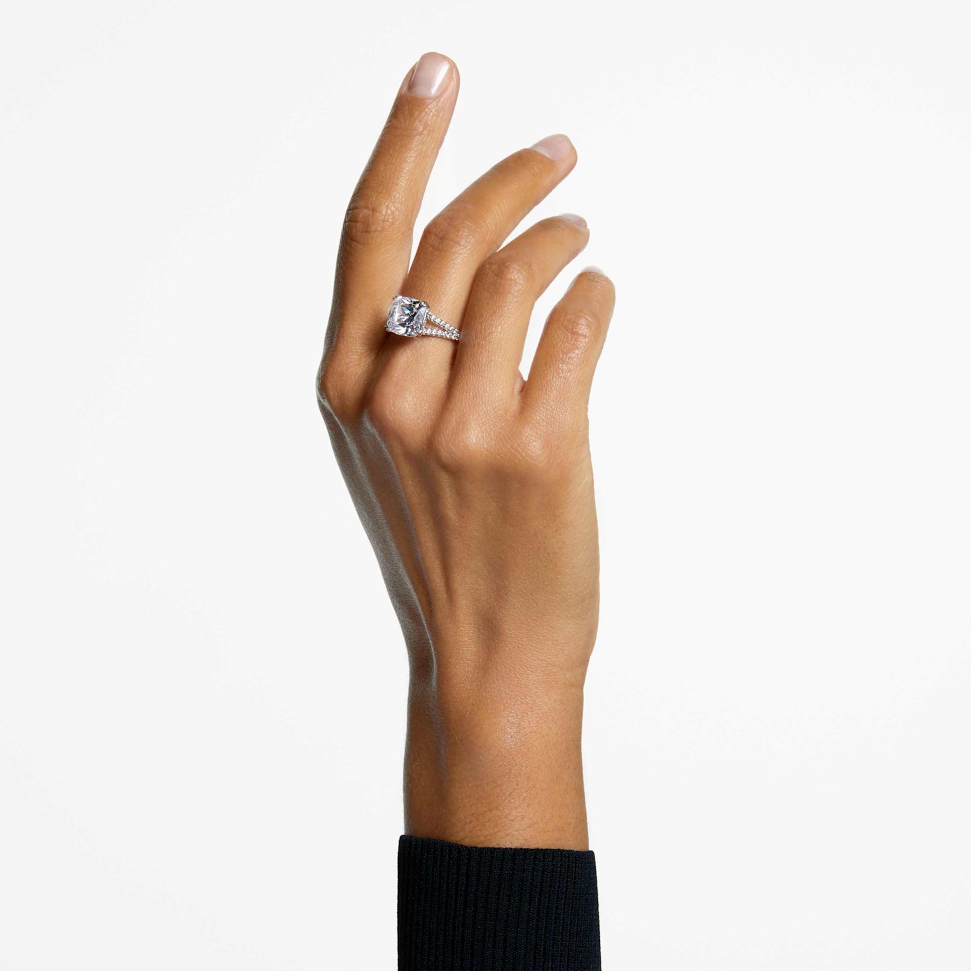 STILLA COCKTAIL RING SQUARE CUT PAVE WHITE RHODIUM PLATED