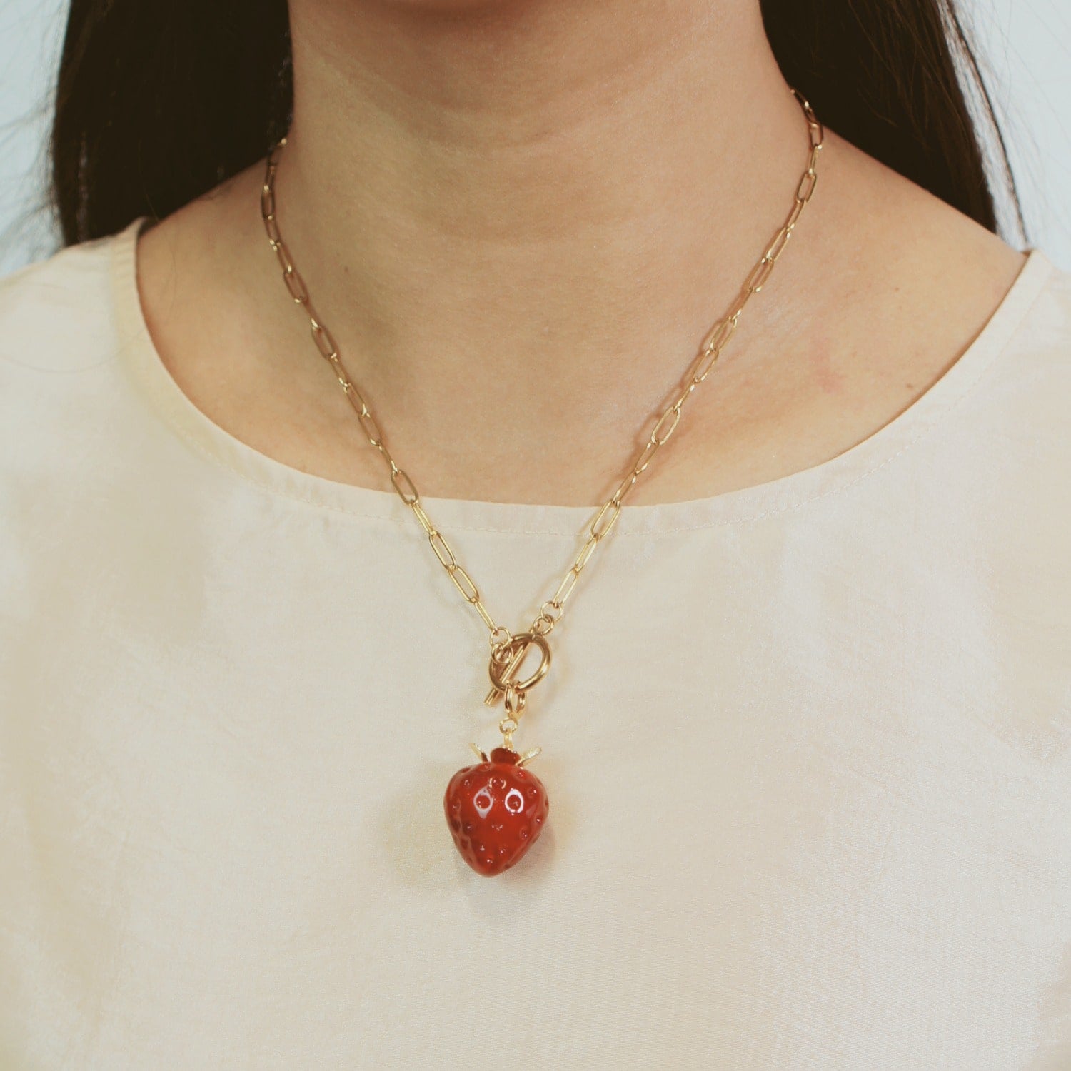 Strawberry Fields Golden Chain Necklace With Detachable Jumbo Glass Strawberry Pendant