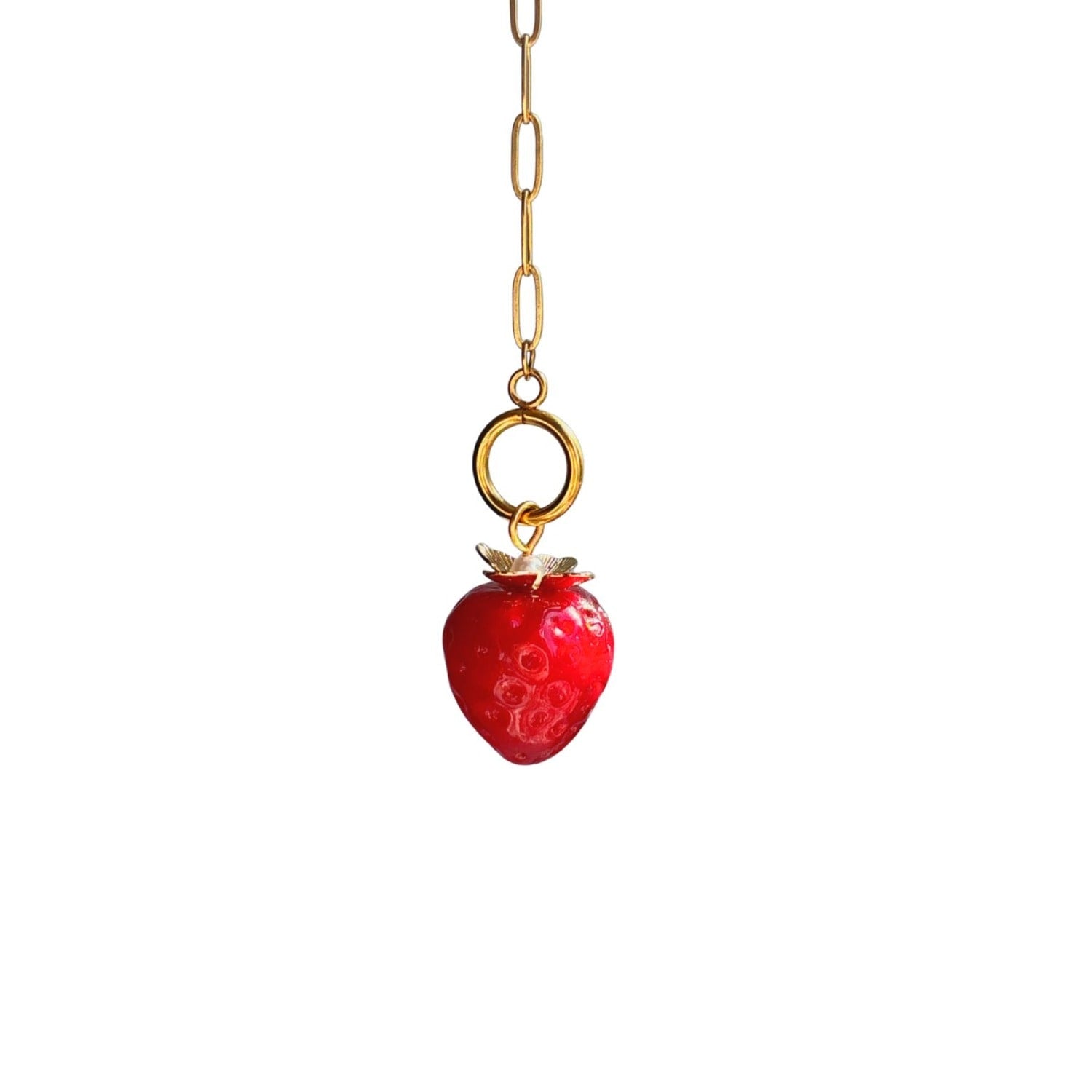Strawberry Fields Golden Chain Necklace With Detachable Jumbo Glass Strawberry Pendant