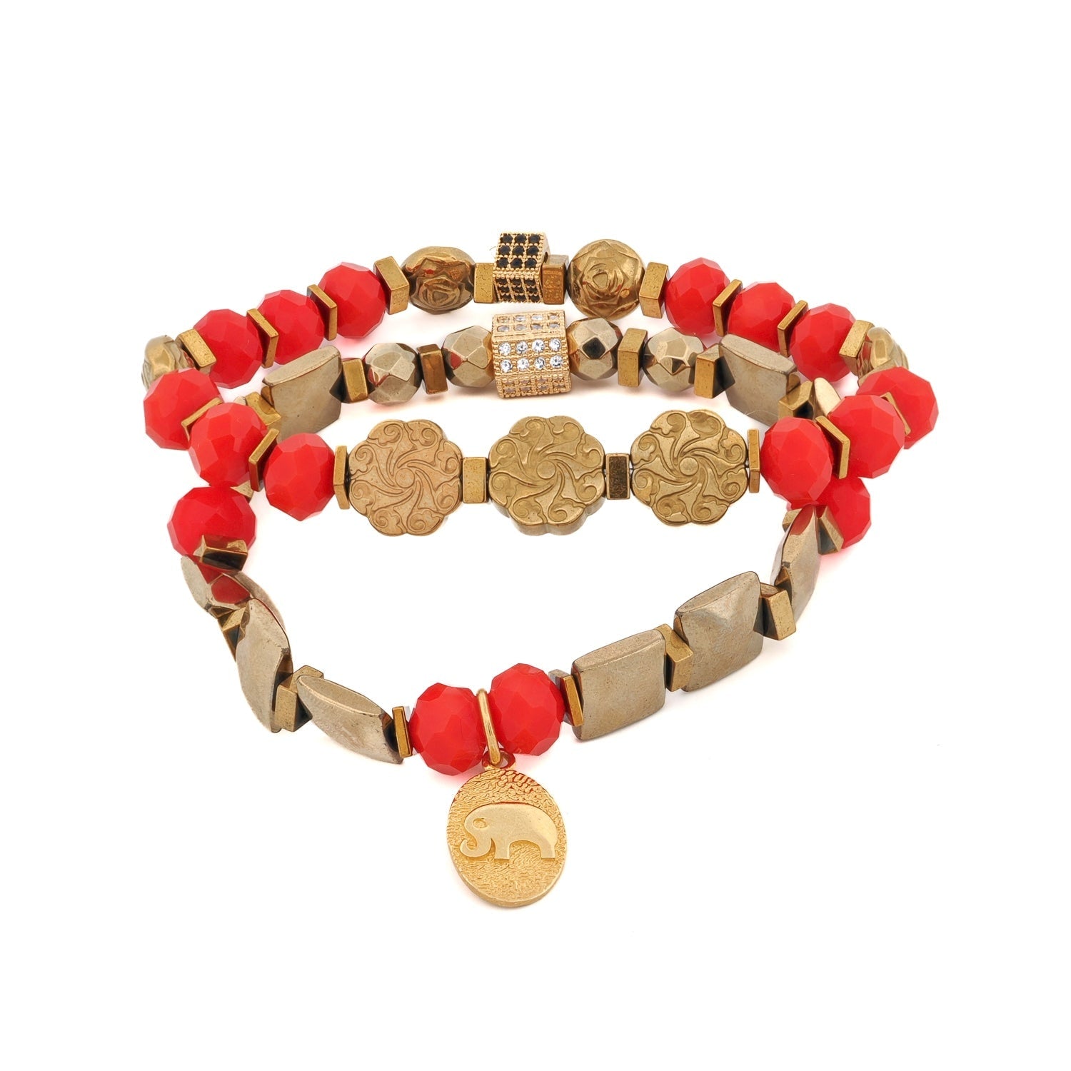 Strength & Grace Red Energy Elephant Charm Bracelet Set - Red