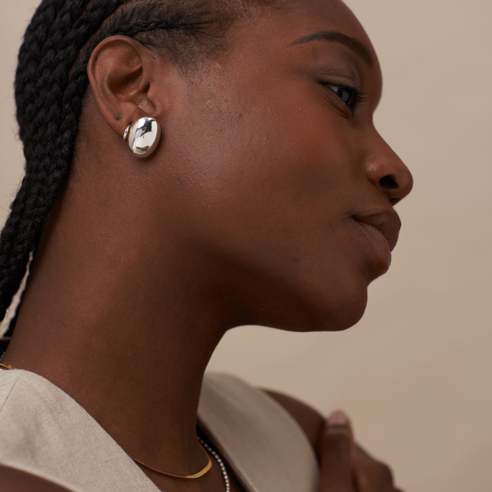Polished Domed Oval Stud Earrings - Silver